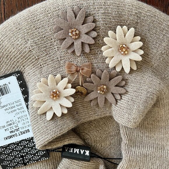 Lady French Beret 100% Mixed Wool Beret Floral Beige By Kamea NWT main image 4